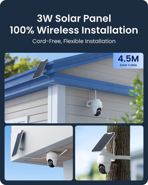 3W solar panel powering 4K Solar Wireless Outdoor Security System With Color Night Vision 360 Degree Pan Tilt Auto Tracking Wi Fi 6 2.4 And 5 GHz Encrypted Local Storage No Subscription Home Hub Included 2X Argus PT Ultra on house exterior