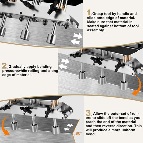 Step-by-step guide using Three Station Roller Bender for Metal Roofing and Sheet Metal adjustable from 0 to 90 degrees, showing bending process.