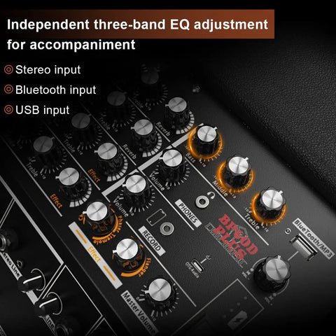 Close-up of control panel on 300W Acoustic Guitar Amp For Busking And Live Shows, All In One PA System With 7 Inputs, Studio Grade Reverb Chorus Delay Tremolo Phaser Flanger And 3 Band EQ For Rich Versatile Tones