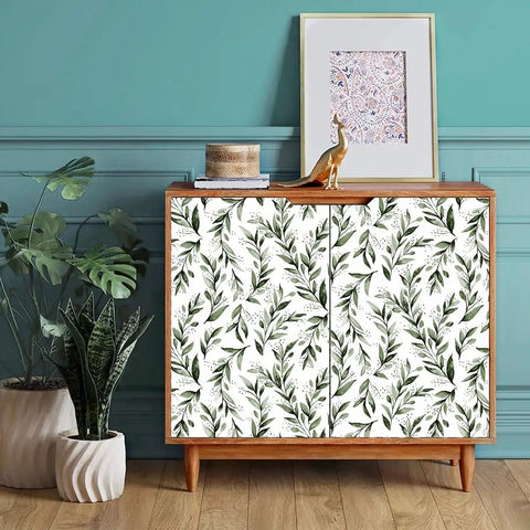 Green Leaf Peel And Stick Wallpaper Floral Contact Paper Self Adhesive Removable Wall Cover 17.7 Inches By 118.1 Inches on cabinet