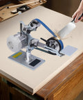 Heavy Duty 550W Brushless Belt Sander Grinder Featuring Variable Speed Includes Two Abrasive Belts For Wood Polish And Metal Sharpening Shop Ready Built Tough To Handle The Daily Grind Solid Performance 110V shown in action on a workbench.