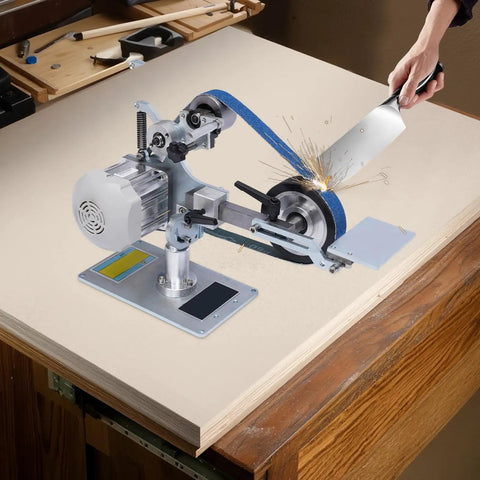 Heavy Duty 550W Brushless Belt Sander Grinder Featuring Variable Speed Includes Two Abrasive Belts For Wood Polish And Metal Sharpening Shop Ready Built Tough To Handle The Daily Grind Solid Performance 110V shown in action on a workbench.