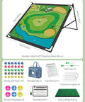 Double-sided Golf Chipping Game Mat with sticky balls, storage bag, and accessories, 59x59 inches, displayed on stand.