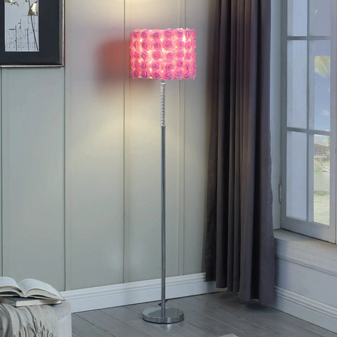 Roses In Bloom Pink Drum Shade Floor Lamp, 63 Inch Acrylic And Metal Modern Glam Piece With 80 Pink Roses in a living room corner.