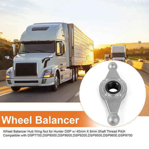 Pro Grade Wheel Balancer Hub Wing Nut 812103 For Hunter DSP Auto Tire Rigs shown with truck, 40mm diameter, 8mm pitch, smooth use.