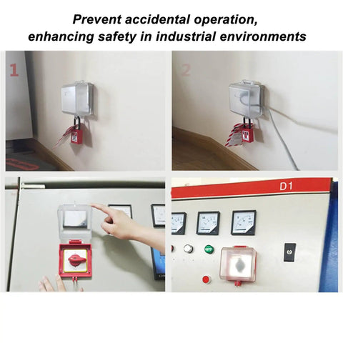 Emergency Stop Switch Cover See Through Protector For Push Button LOTO Safe Guard in use showing transparent PC material.