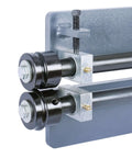 Close-up of Deep Throat Sheet Metal Bead Roller With 18 Inch Throat And 6 Die Set for 18 Gauge Capacity, showing rollers and adjustment knob.