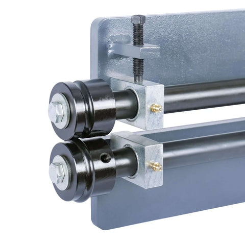 Close-up of Deep Throat Sheet Metal Bead Roller With 18 Inch Throat And 6 Die Set for 18 Gauge Capacity, showing rollers and adjustment knob.