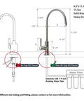 Diagram of lead free reverse osmosis faucet for countertop bar sinks, oil rubbed black finish with measurements and parts details.