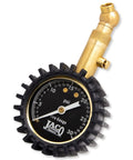 JACO Elite low pressure tire gauge with brass handle and black dial (angled view)
