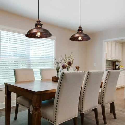 Industrial Barn Pendant Light Farmhouse Hanging Fixture over dining table in kitchen with adjustable cord and vintage design.