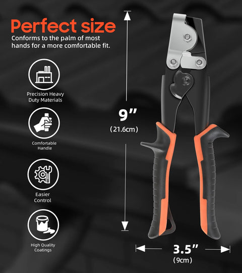Heavy-duty snap lock gutter crimp tool with ergonomic design and safety lock for precise control, measures 9x3.5 inches.
