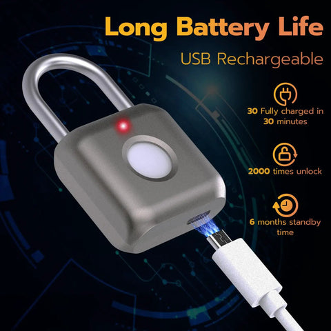 Biometric Fingerprint Smart Padlock Keyless Thumbprint Lock USB Rechargeable showing charging cable and battery features