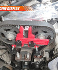 Car dual camshaft locking tool kit installed on timing gear assembly with red anti-slip clamps
