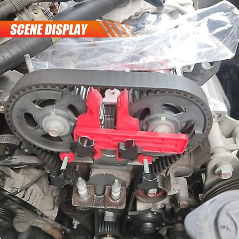 Car dual camshaft locking tool kit installed on timing gear assembly with red anti-slip clamps