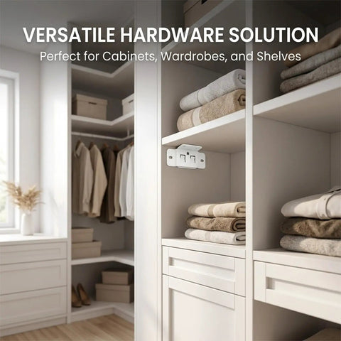 Beefy 2 In 1 Cold Rolled Steel Corner Brace And Furniture Connector in white mounted on wardrobe shelf