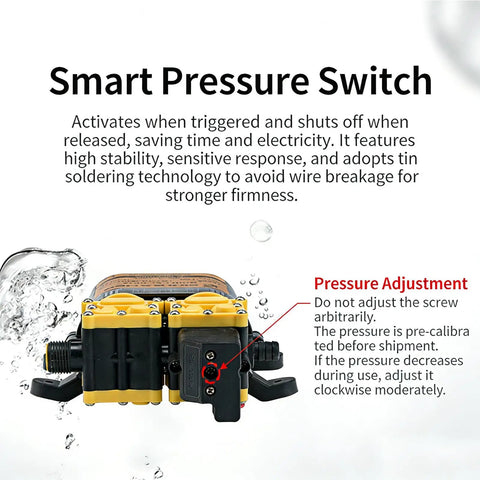 Smart pressure switch on 12V High Pressure Dual Core Pump With 130 PSI And 8 Liters Per Minute Flow, highlighting settings and features.