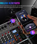 Eight Channel DJ Mixer With Bluetooth And USB Interface, phone streaming music to mixer via wireless connection.