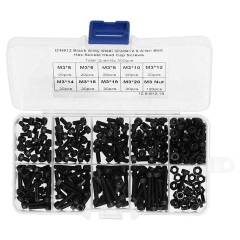 Heavy Duty 300 Piece Hex Screws Nuts Assortment Kit, M3 Socket Head Cap Bolts, Alloy Steel Fasteners in storage box