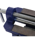 Close-up of 4 Inch Cross Slide Drill Press Vise With Heavy Duty Two Way X Y Benchtop Clamp, showing cast iron body and serrated jaws.