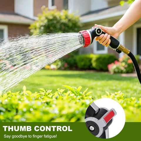 Heavy Duty Metal Hose Nozzle With Thumb Control, 7 Spray Patterns And 3 Adjustable Jet Modes For Car Wash in use watering a lawn