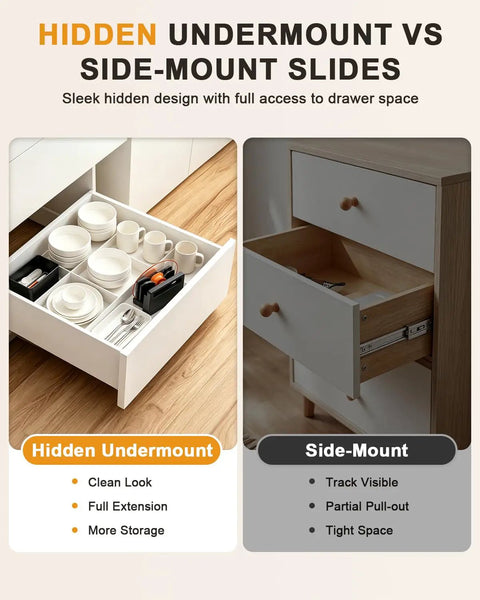 18 Inch Soft Close Undermount Drawer Slides 2 Pairs With Concealed Rear And Bottom Mount Rails Extension Smooth Glide For Easy Access Quiet Operation Cold Rolled Zinc Plated Steel Great For Face Frame Or Frameless Cabinets Includes Locking Screws hidden undermount vs side-mount comparison
