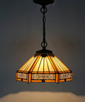 Tiffany Style Yellow Hexagon Pendant Light Fixture With Stained Glass, 12 Inch Wide Shade, Mission Hanging Lamp