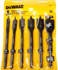 DeWalt 6-piece spade drill bit set in yellow case, front view; sizes 3/8, 1/2, 5/8, 3/4, 7/8, 1 inch