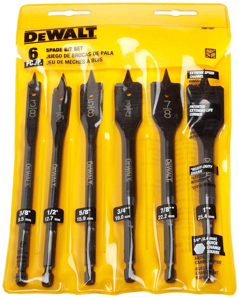 DeWalt 6-piece spade drill bit set in yellow case, front view; sizes 3/8, 1/2, 5/8, 3/4, 7/8, 1 inch