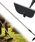 Heavy Duty Garden Draw Hoe With 60 Inch Handle For Easy Weeding And Tilling; sharp blade and sturdy handle shown in use and detail view.