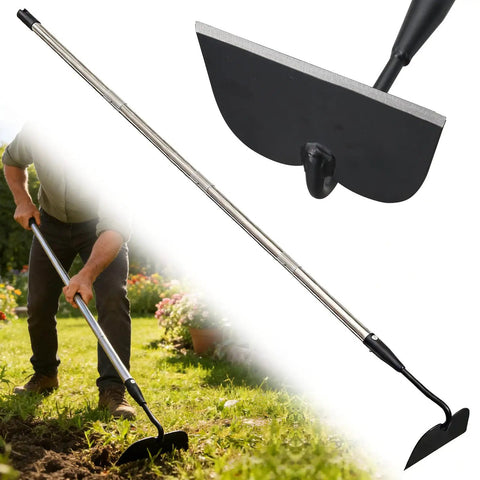 Heavy Duty Garden Draw Hoe With 60 Inch Handle For Easy Weeding And Tilling; sharp blade and sturdy handle shown in use and detail view.