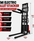 Rock Solid 3306 Lbs Semi Electric Pallet Stacker showing dimensions, capacity, and features, made of carbon steel for industrial use.