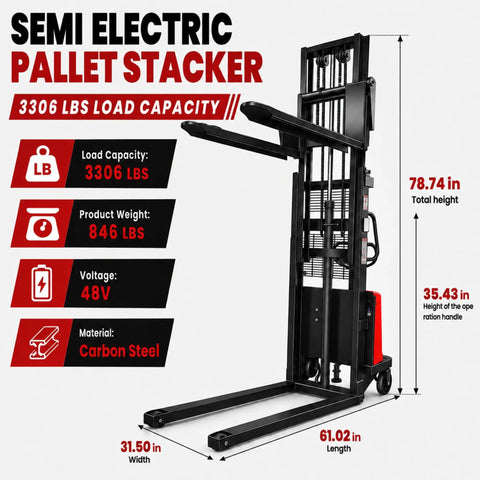 Rock Solid 3306 Lbs Semi Electric Pallet Stacker showing dimensions, capacity, and features, made of carbon steel for industrial use.