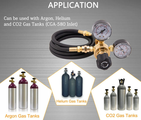 Front view of CGA580 argon/CO2 regulator with dual gauges, brass body, black knob, and 6.6 ft hose