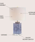 Blue And White Chinoiserie Ceramic Table Lamp With White Linen Drum Shade, Classic Hand Painted Bedside Lamp For Living Room Or Bedroom, 23 Inches Tall, LED Bulb Included, UL Listed Traditional Style