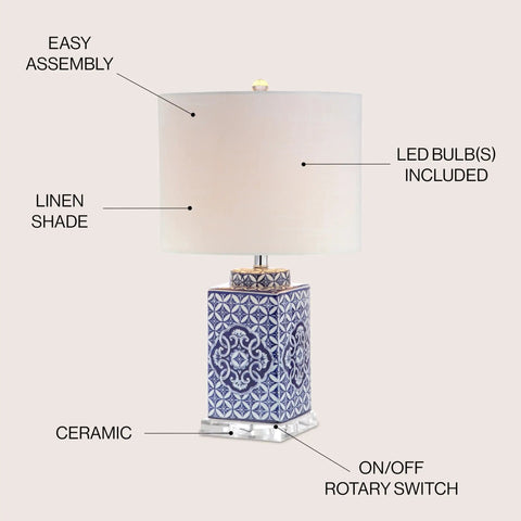 Blue And White Chinoiserie Ceramic Table Lamp With White Linen Drum Shade, Classic Hand Painted Bedside Lamp For Living Room Or Bedroom, 23 Inches Tall, LED Bulb Included, UL Listed Traditional Style