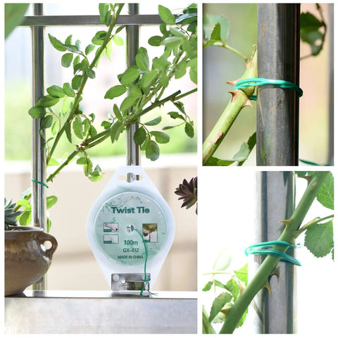328 Feet Green Garden Twist Ties with Cutter Plastic Coated Wire securing plant stems on trellis in garden setting