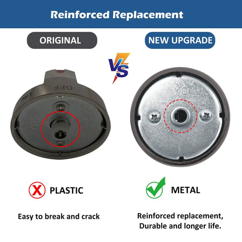 Comparison of original plastic vs upgraded metal Premium 5 Pack Black Stainless Gas Range Knobs Replacement For High End Ovens And Stoves
