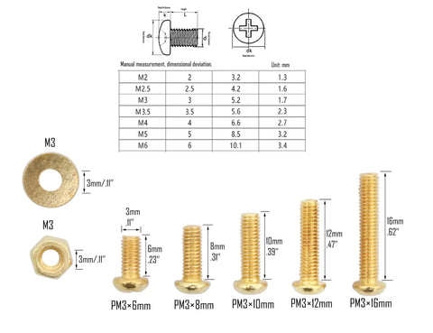 Copper Yellow M3 Machine Screws Assortment Kit With Nuts And Flat Washers, 600 Pieces, showing sizes 6 8 10 12 16mm