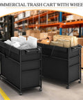 No Fuss Roll Around Trash Cart, 51.5 Gallon Commercial Waste Bin With Twin Lockable Wheels holding paper and boxes in a warehouse.