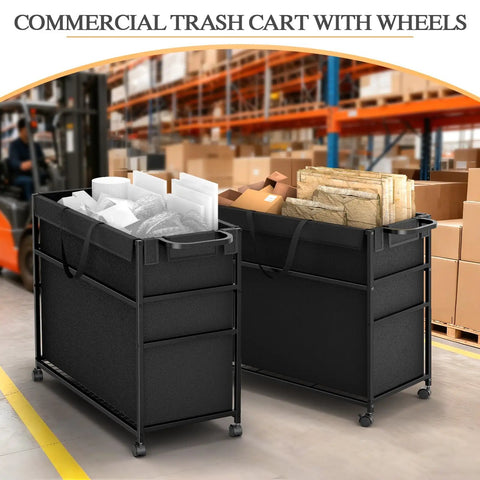 No Fuss Roll Around Trash Cart, 51.5 Gallon Commercial Waste Bin With Twin Lockable Wheels holding paper and boxes in a warehouse.