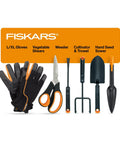All In One Veg Garden Tool Set With Serrated Stainless Steel Shears Four In One Seed Sower Rust Resistant Trowel Cultivator Weeder And L XL Garden Gloves For Easy Planting And Harvesting displayed with each tool visible.
