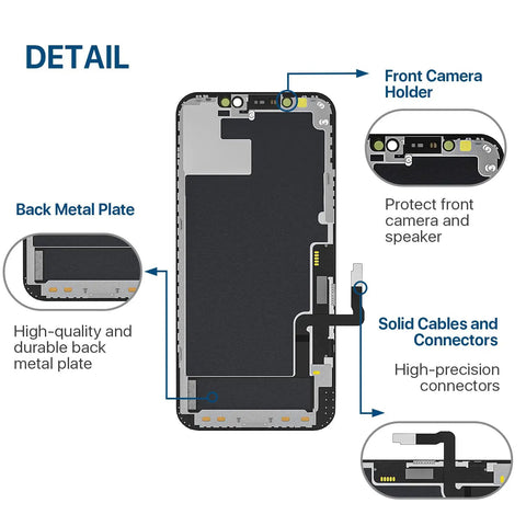 Diagram of internal components of IPhone And 12 Pro Screen Replacement Kit With 6.1 Inch LCD Display, features labeled in detail.