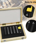 Front view of SENDUO 5/16 in carbide turning inserts holder set in a wooden case with five dark holders and a yellow tool
