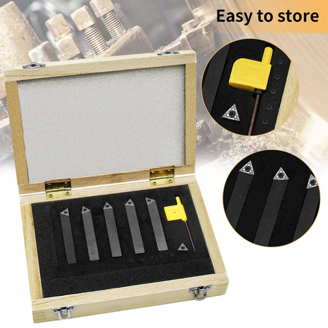Front view of SENDUO 5/16 in carbide turning inserts holder set in a wooden case with five dark holders and a yellow tool