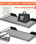 Beefy Heavy Duty Garage Wall Shelves 2 Pack 23.6 by 11.8 inch wall mount mesh storage racks with 65 lb weight on shelf.