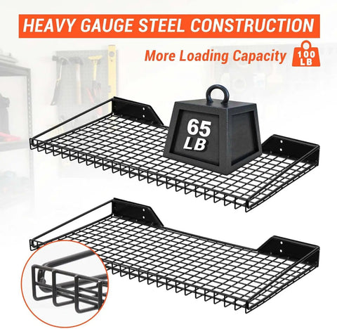 Beefy Heavy Duty Garage Wall Shelves 2 Pack 23.6 by 11.8 inch wall mount mesh storage racks with 65 lb weight on shelf.