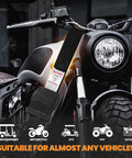 20 Ft Heavy Duty Ratchet Straps 4 Pack tied to a motorcycle, showcasing non-slip metal ratchet, black industrial webbing