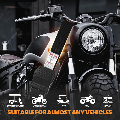 20 Ft Heavy Duty Ratchet Straps 4 Pack tied to a motorcycle, showcasing non-slip metal ratchet, black industrial webbing