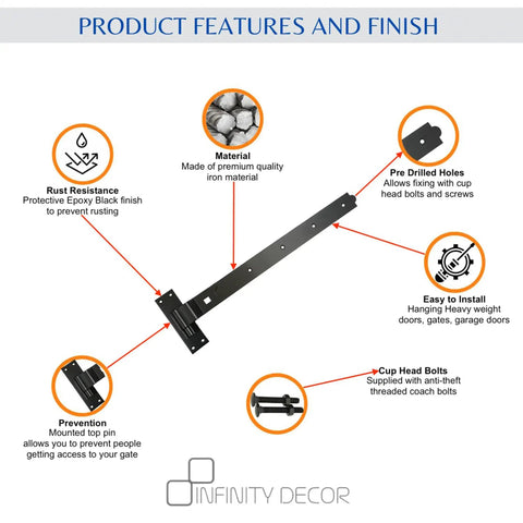 Set Of Two 24 Inch Heavy Duty Cranked Door Hinges For Sheds And Barn Gates, Black Hook And Band Hinges, product features diagram